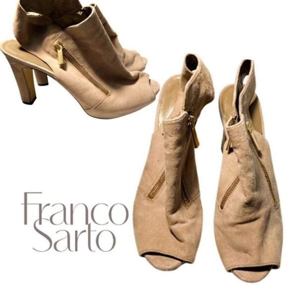 Franco Sarto Suede Tan Leather‎ Peep Toe Chunky Heel Shoe Sandals